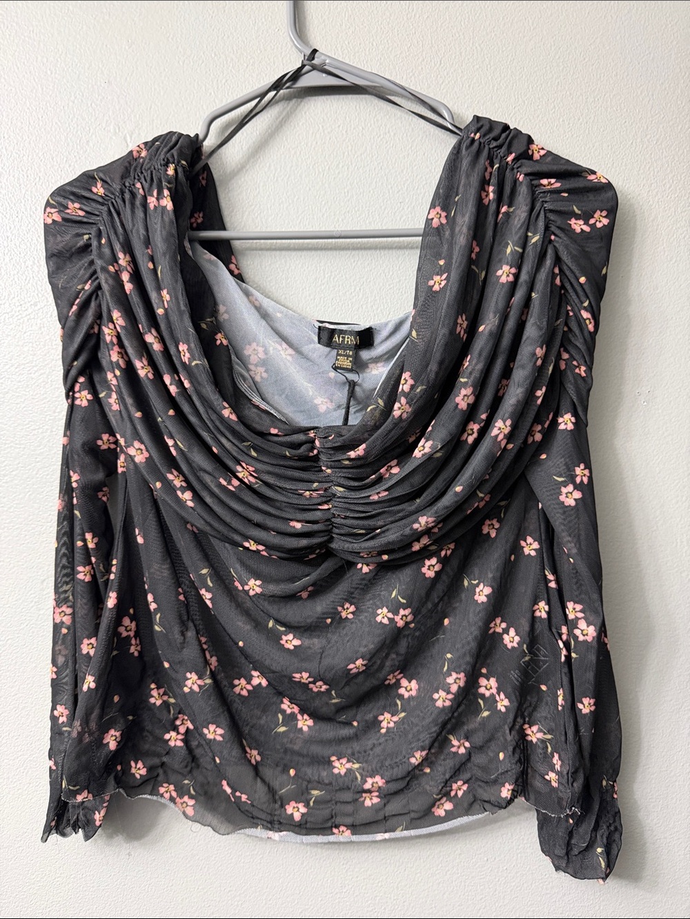 AFRM Lilith Ruched Top Black Top with Pink Floral Cowl Neck xLarge